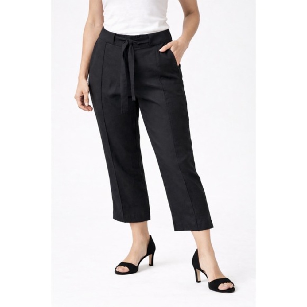 LOFT Black Linen Blend Cropped Wide Leg Tie Waist Pants 8 Preppy Academia 75-10